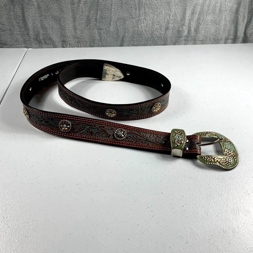 Nocona Western Tooled Leather Belt Women Large Turquoise Rhinestone Green Buckle